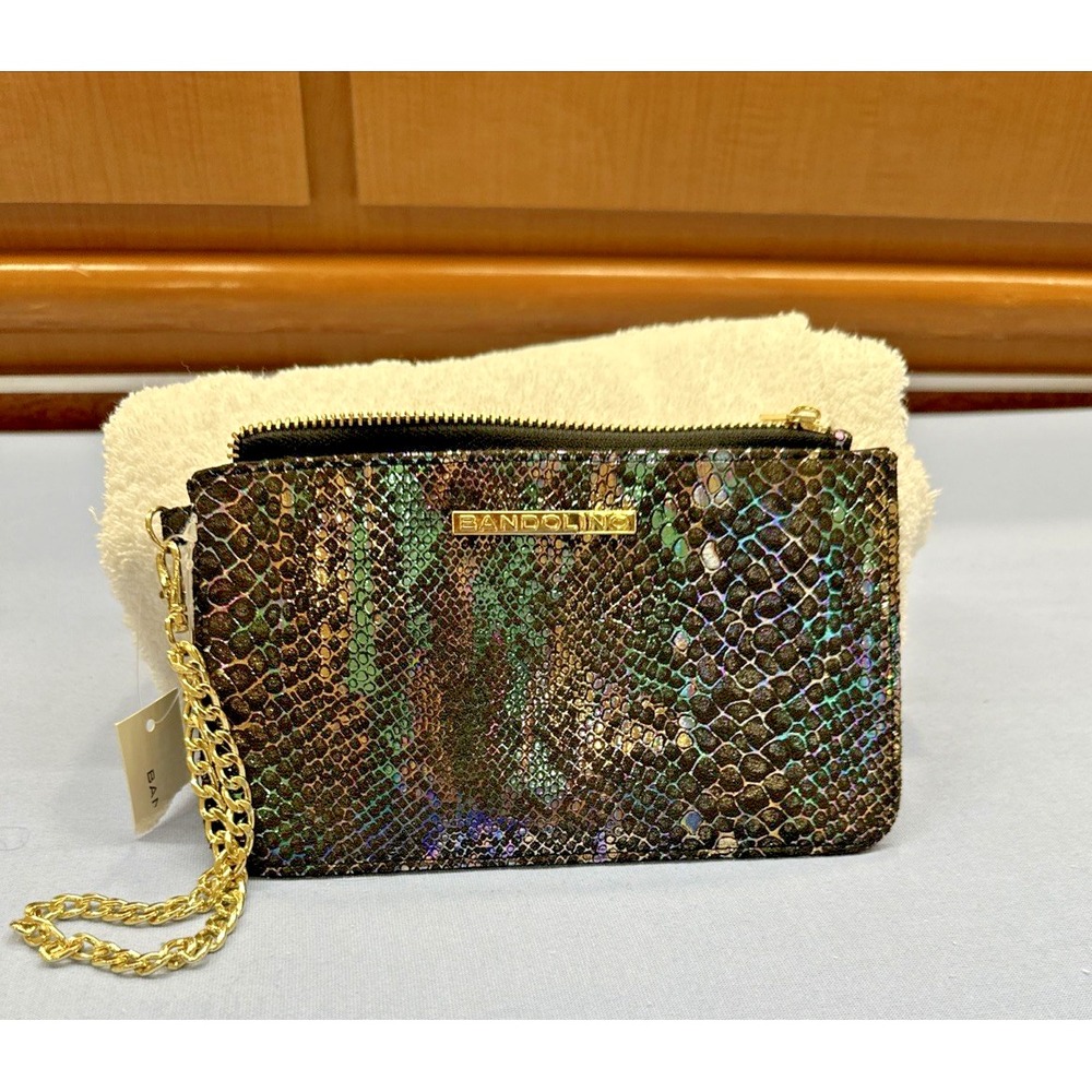 BANDOLINO Gold Chain Link Wristlet Wallet Faux Python Skin Metallic Multi RDIF